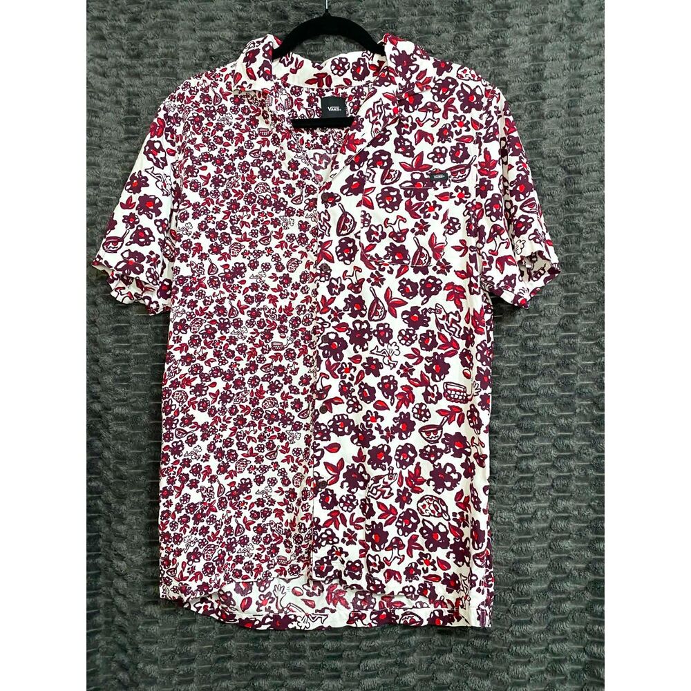 Vans Women’s Small Floral Button Front Short Sleeve Shirt Red White